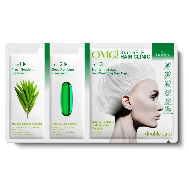 Trijų žingsnių plaukų ir galvos odos procedūra OMG! 3 in 1 Self Hair Clinic For Scalp Care OMG-HAIRMASK-S: šampūnas, 12 ml, kaukė, 12 ml, ir maitinanti, šildanti kaukė - kepurėlė, 10 ml