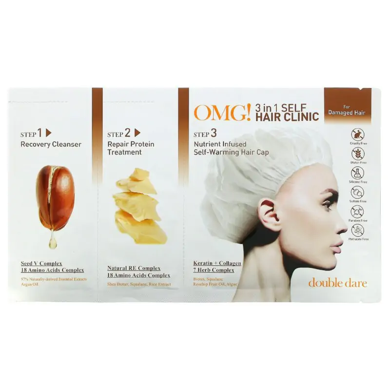 Trijų žingsnių procedūra pažeistiems plaukams OMG! 3 in 1 Self Hair Clinic For Damaged Hair OMG-HAIRMASK-D: šampūnas, 12 ml, kaukė, 12 ml, ir maitinanti, šildanti kaukė - kepurėlė plaukams, 10 ml