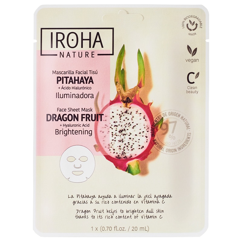 Skaistinamoji veido kaukė Iroha Brightening Face Sheet Mask Dragon Fruit & Hyaluronic Acid MTIN27